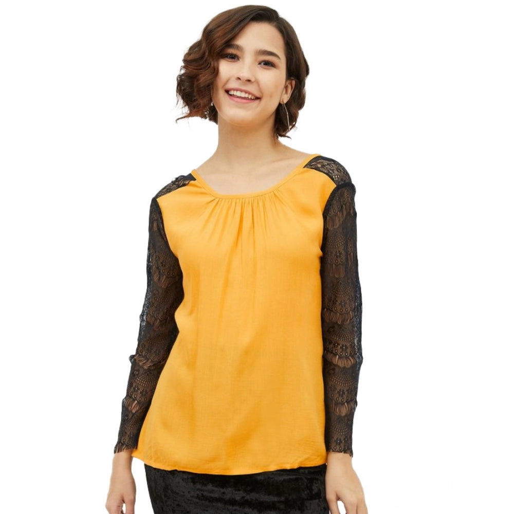 Snuggle Spot Women's Rayon Lace Inserts Long Sleeves Top (Yellow)