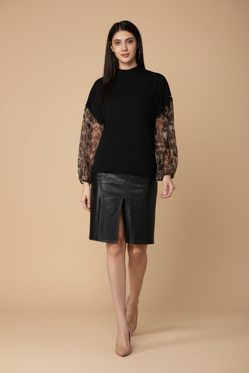 Snuggle Spot Women's Polyester Animal Print Long Sleeves Top (Black)