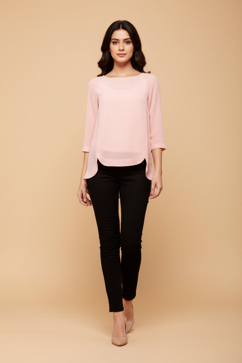 Snuggle Spot Women's Polyester Solid 3-4th Sleeves Regular Top (Peach)