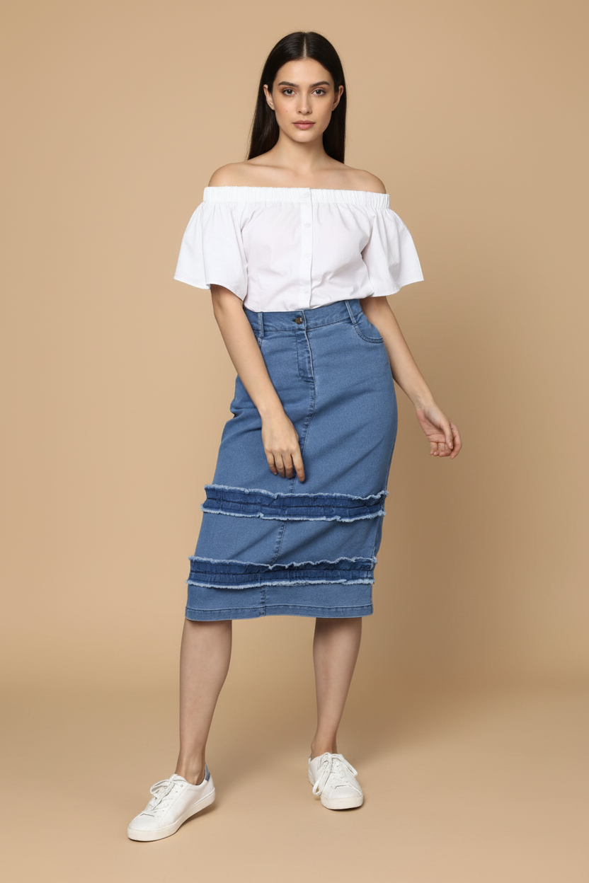 Snuggle Spot Women's Denim Washed Buttoned Skirt (Blue)