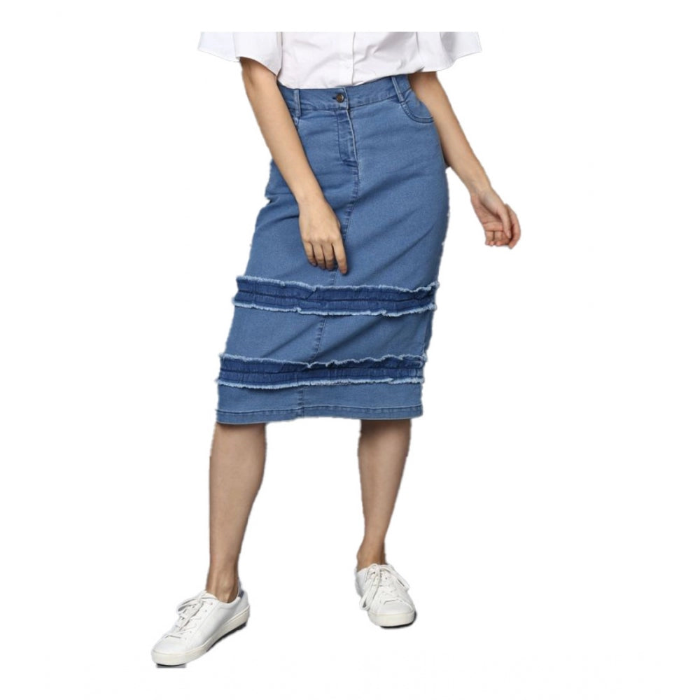 Snuggle Spot Women's Denim Washed Buttoned Skirt (Blue)