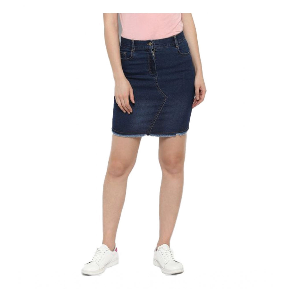 Snuggle Spot Women's Denim Stitching Pattern Buttoned Skirt (Blue)