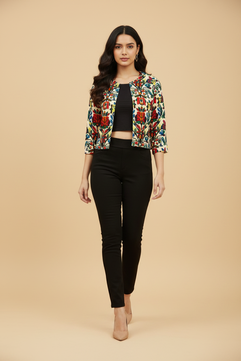 Snuggle Spot Women's Polyester Floral 3-4th Sleeves Shrug (Multicolor)