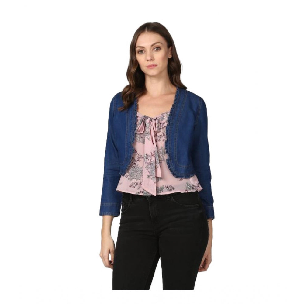 Snuggle Spot Women's Denim Ruffled Long Sleeves Shrug (Navy Blue)