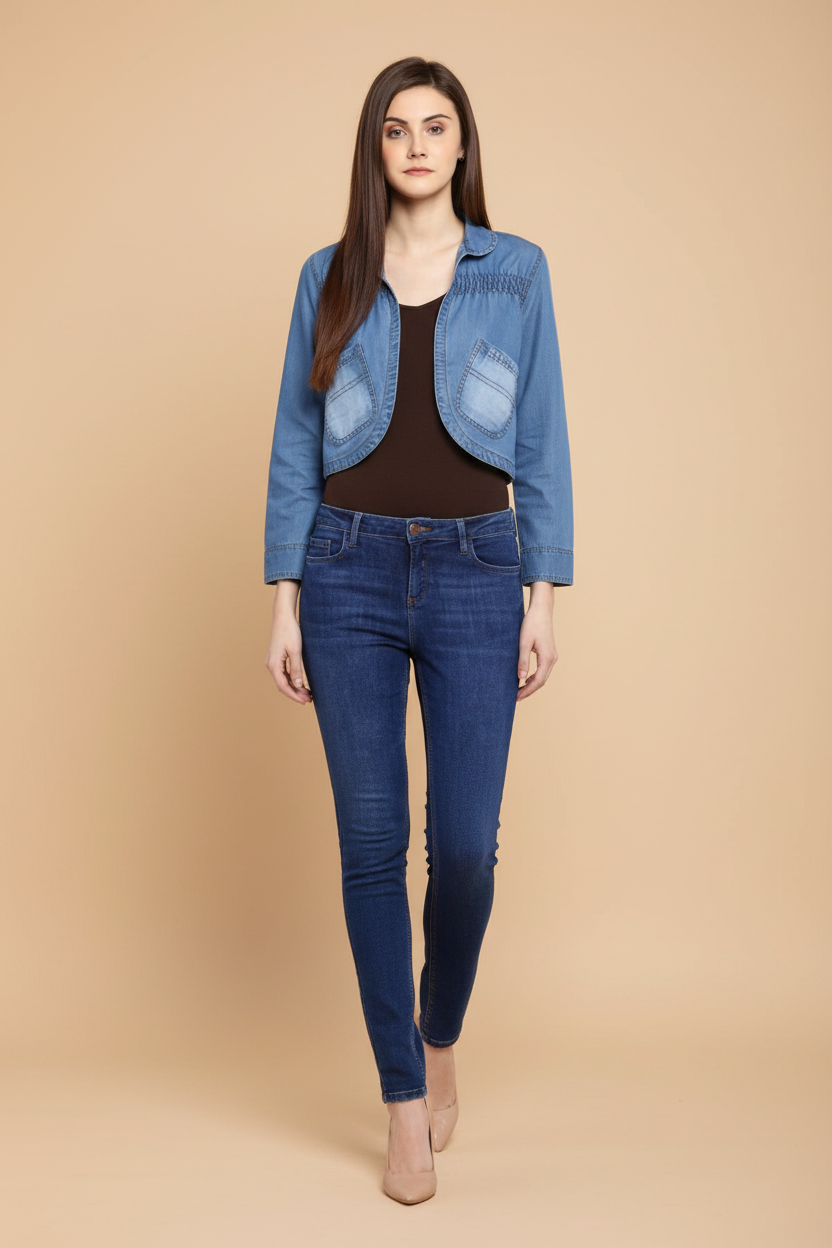 Snuggle Spot Women's Denim Smocking 3-4th Sleeves Shrug (Blue)