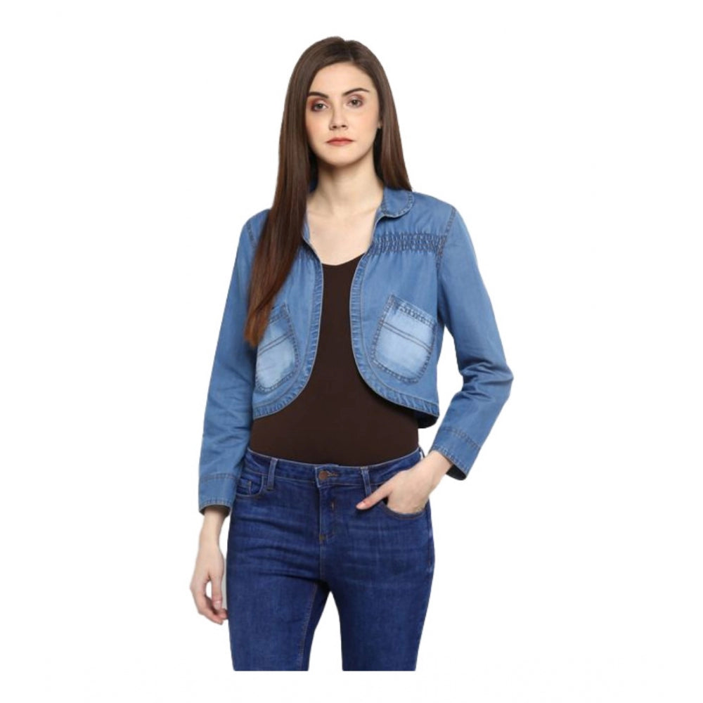 Snuggle Spot Women's Denim Smocking 3-4th Sleeves Shrug (Blue)
