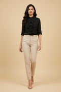Snuggle Spot Women's Polyester Ruffled Long Sleeves Standard Length Shirt (Black)