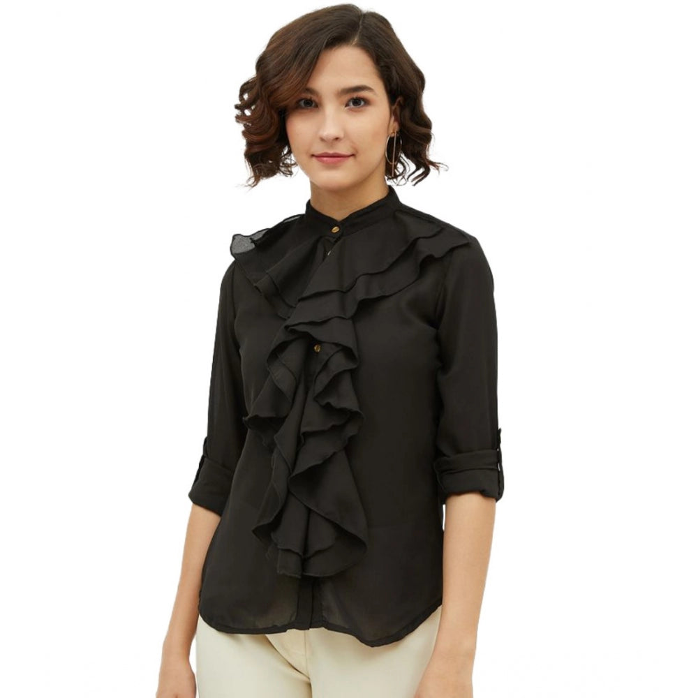 Snuggle Spot Women's Polyester Ruffled Long Sleeves Standard Length Shirt (Black)
