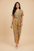 Snuggle Spot Women's Polyester Printed Half Sleeve Long Jumpsuit (Yellow)