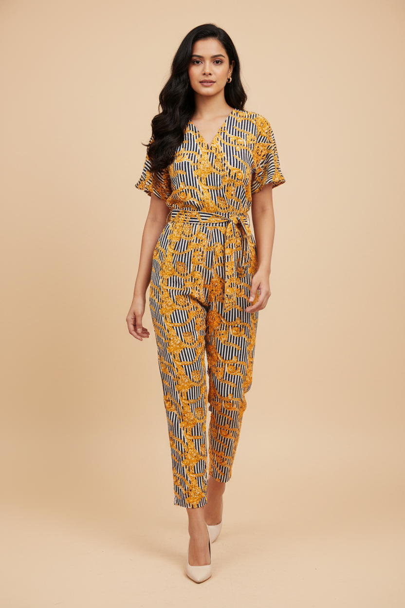 Snuggle Spot Women's Polyester Printed Half Sleeve Long Jumpsuit (Yellow)
