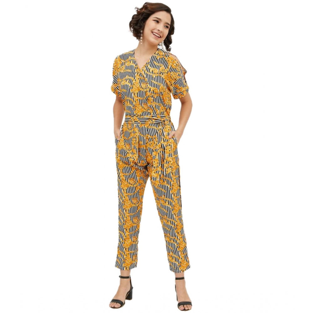 Snuggle Spot Women's Polyester Printed Half Sleeve Long Jumpsuit (Yellow)
