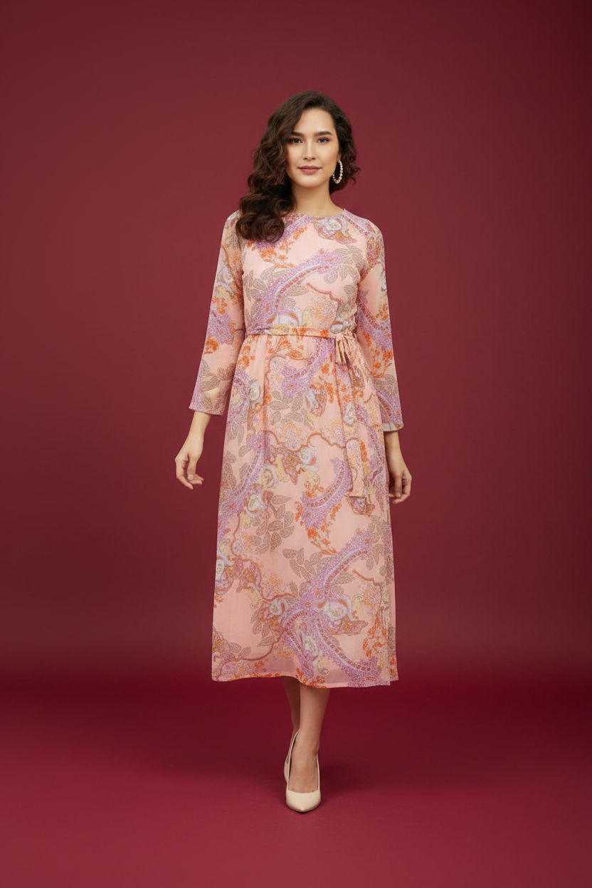 Snuggle Spot Women's Polyester Printed Long Sleeves Calf-length Dress (Multicolor)