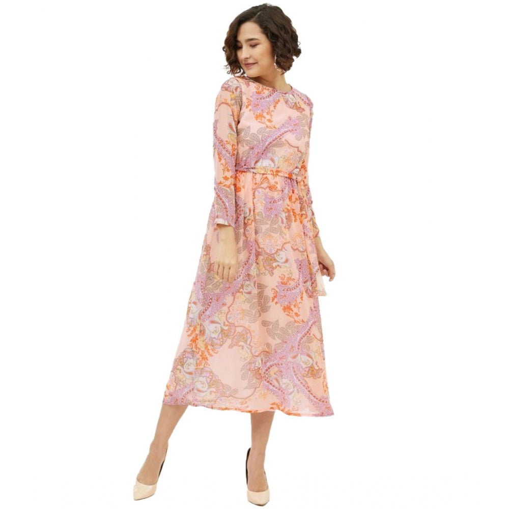 Snuggle Spot Women's Polyester Printed Long Sleeves Calf-length Dress (Multicolor)