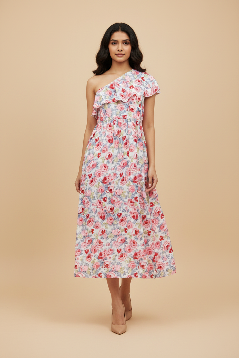 Snuggle Spot Women's Polyester Floral One Shoulder Calf-length Dress (Multicolor)