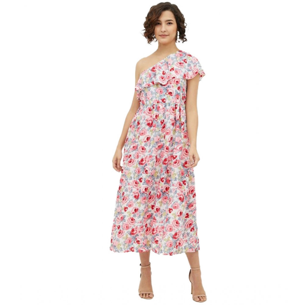 Snuggle Spot Women's Polyester Floral One Shoulder Calf-length Dress (Multicolor)
