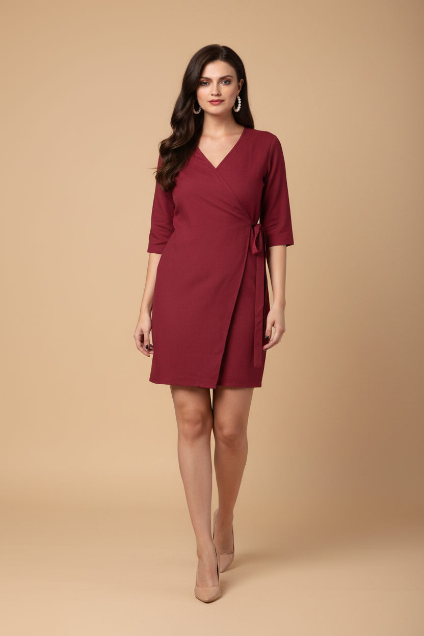 Snuggle Spot Women's Cotton Solid 3-4th Sleeves Above Knee Dress (Maroon)