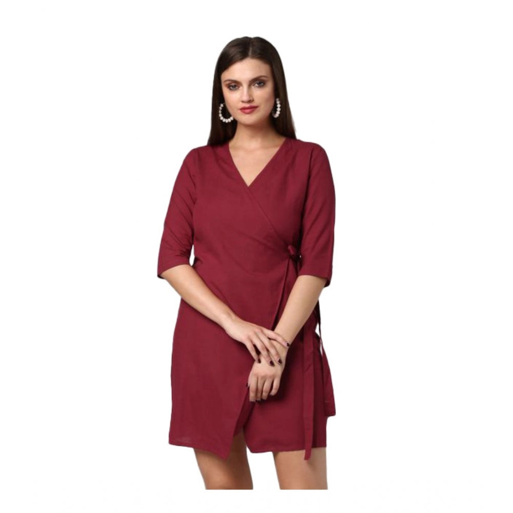 Snuggle Spot Women's Cotton Solid 3-4th Sleeves Above Knee Dress (Maroon)