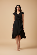 Snuggle Spot Women's Polyester Ruffled Cap Sleeve Knee-Length Dress (Black)