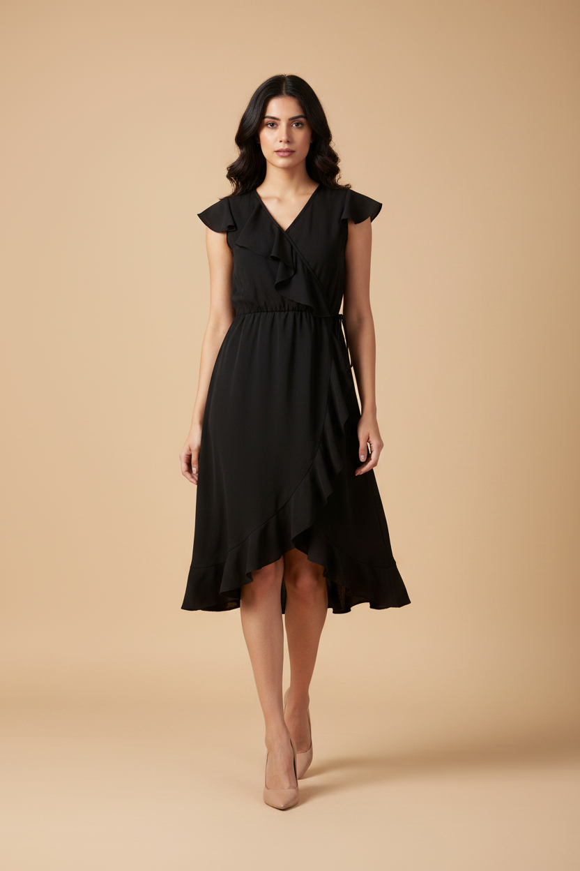 Snuggle Spot Women's Polyester Ruffled Cap Sleeve Knee-Length Dress (Black)