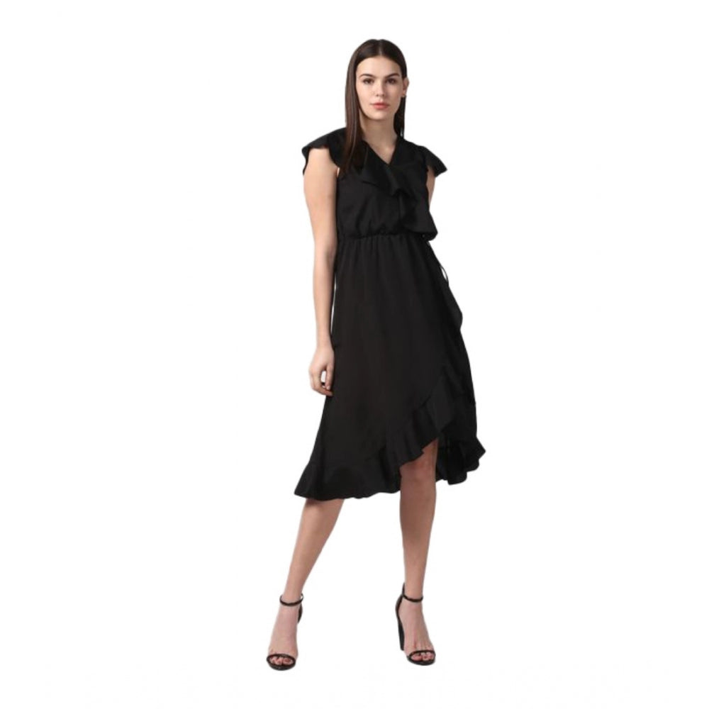 Snuggle Spot Women's Polyester Ruffled Cap Sleeve Knee-Length Dress (Black)