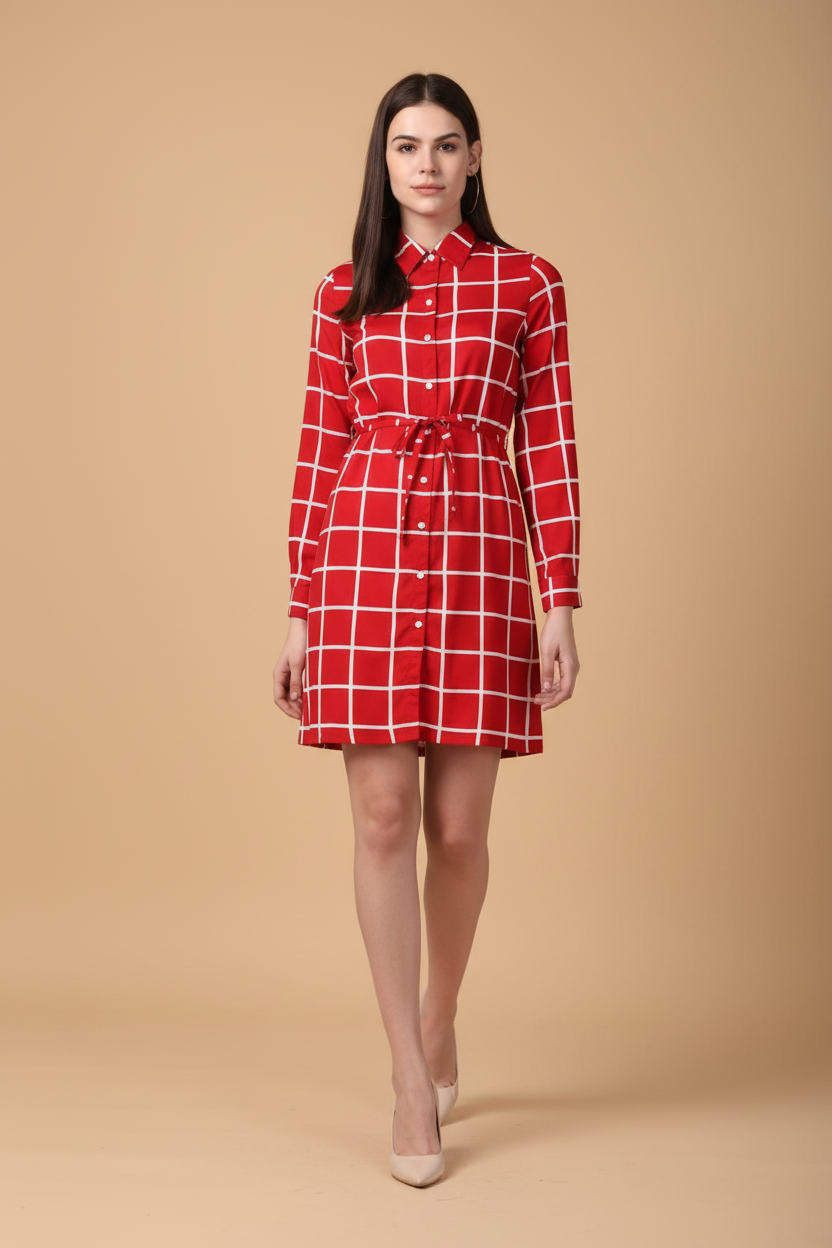 Snuggle Spot Women's Polyester Checkered Long Sleeves Above Knee Dress (Red)