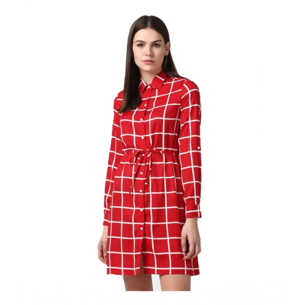 Snuggle Spot Women's Polyester Checkered Long Sleeves Above Knee Dress (Red)