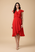 Snuggle Spot Women's Polyester Ruffled Cap Sleeve Knee-Length Dress (Red)