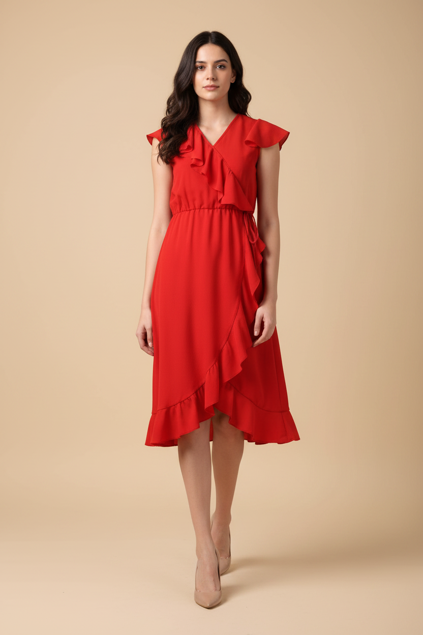 Snuggle Spot Women's Polyester Ruffled Cap Sleeve Knee-Length Dress (Red)