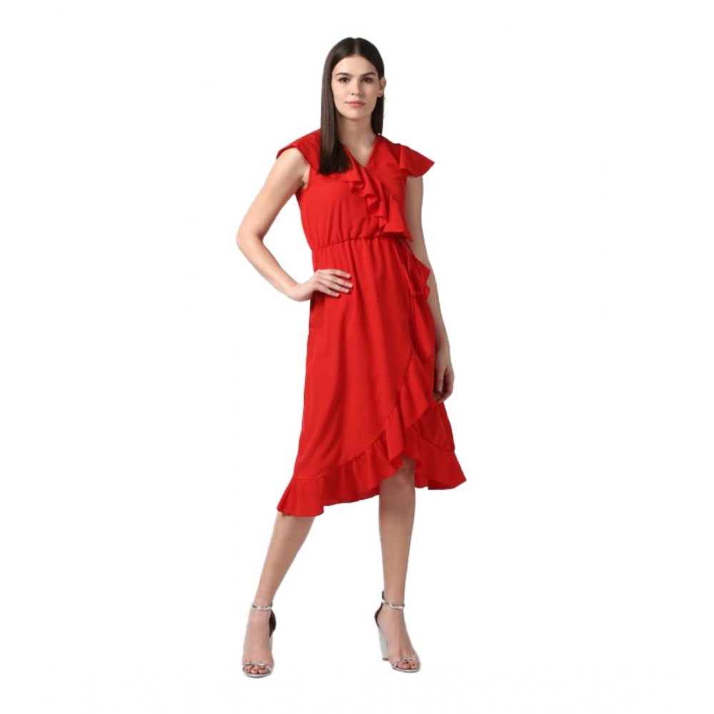 Snuggle Spot Women's Polyester Ruffled Cap Sleeve Knee-Length Dress (Red)