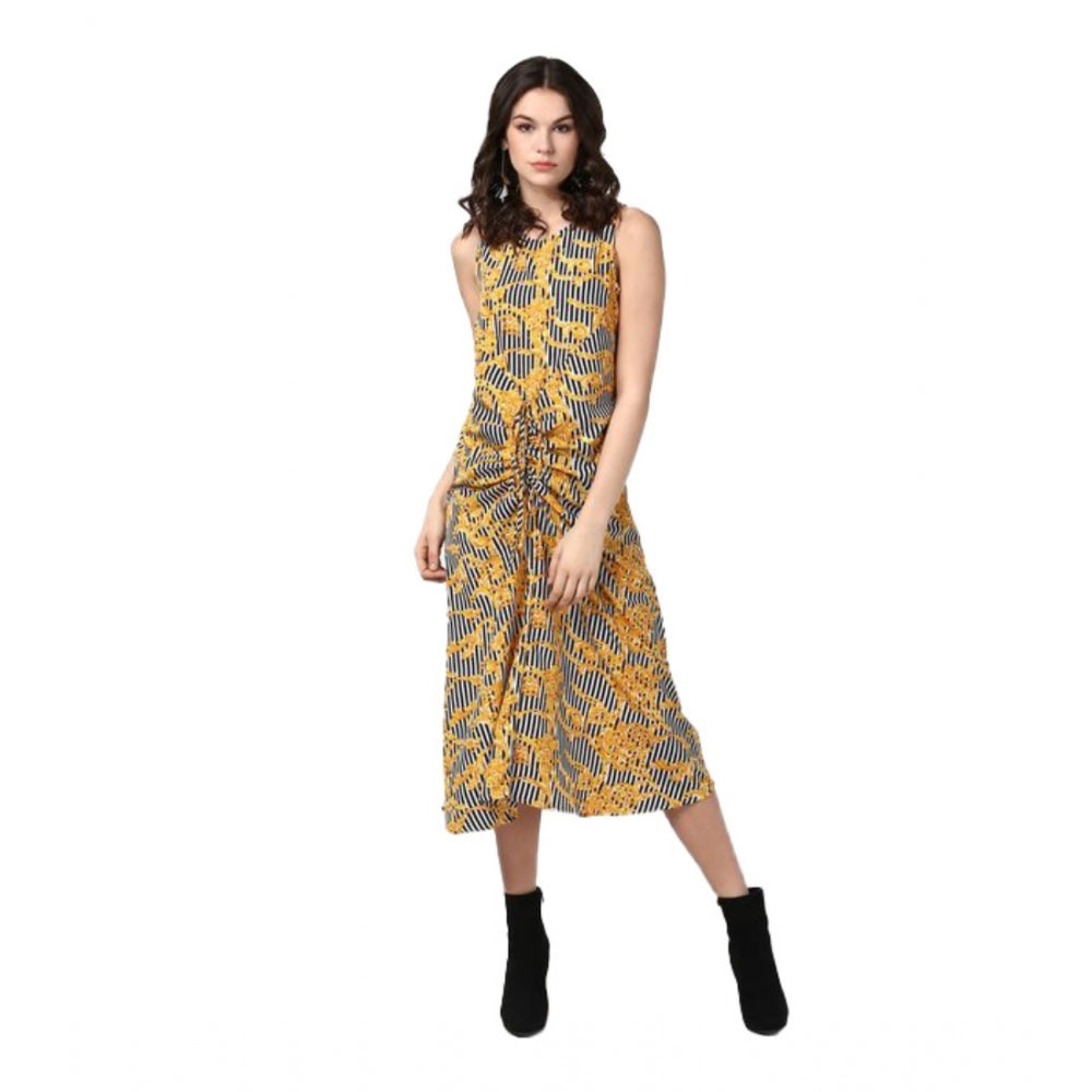 Snuggle Spot Women's Polyester Chain Print Sleeveless Below Knee Dress (Yellow - Black)