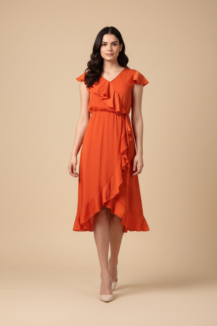 Snuggle Spot Women's Polyester Ruffled Cap Sleeve Knee-Length Dress (Orange)