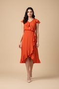 Snuggle Spot Women's Polyester Ruffled Cap Sleeve Knee-Length Dress (Orange)