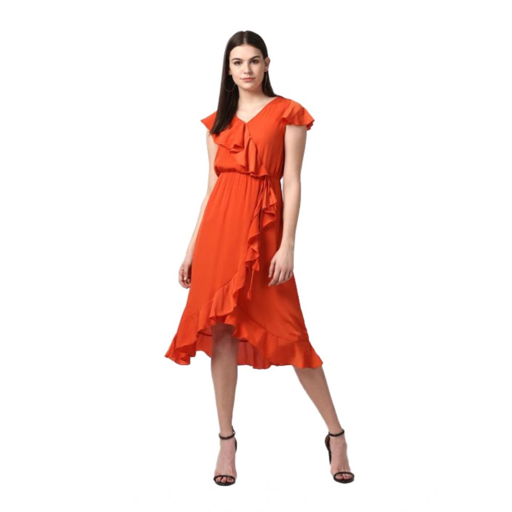 Snuggle Spot Women's Polyester Ruffled Cap Sleeve Knee-Length Dress (Orange)