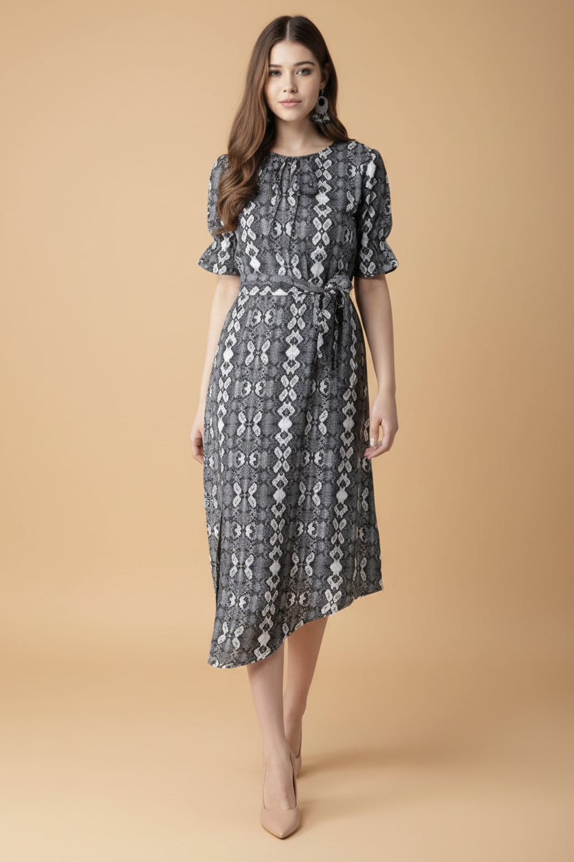 Snuggle Spot Women's Polyester Animal Print Short Sleeve Knee-Length Dress (Black - White)