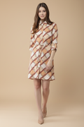 Snuggle Spot Women's Polyester Printed Roll Up Sleeve Above Knee Dress (Off White - Brown)