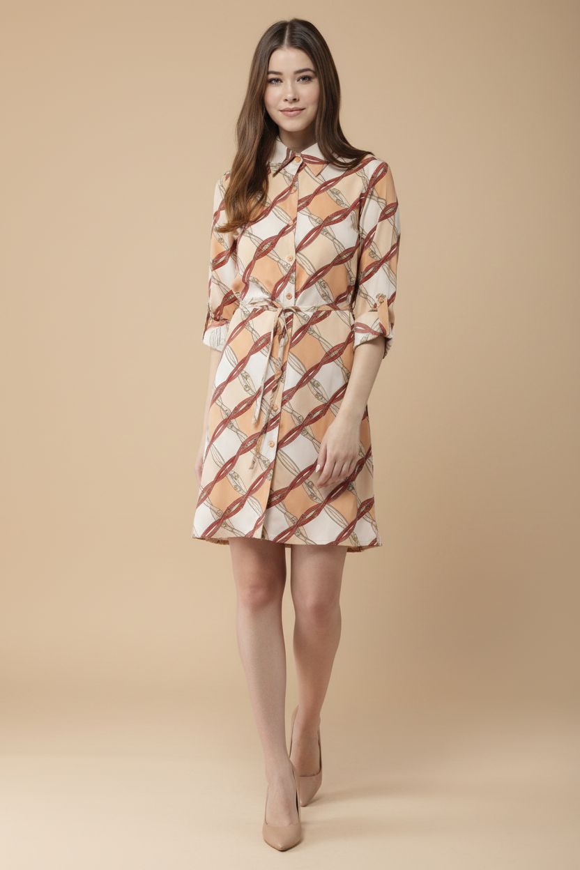 Snuggle Spot Women's Polyester Printed Roll Up Sleeve Above Knee Dress (Off White - Brown)