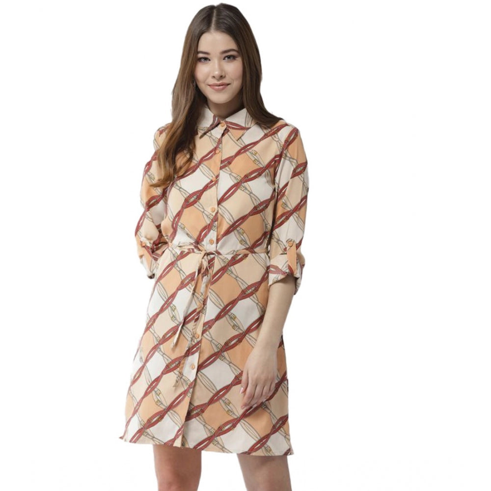 Snuggle Spot Women's Polyester Printed Roll Up Sleeve Above Knee Dress (Off White - Brown)