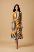 Snuggle Spot Women's Polyester Striped Sleeveless Below Knee Dress (Mustard)
