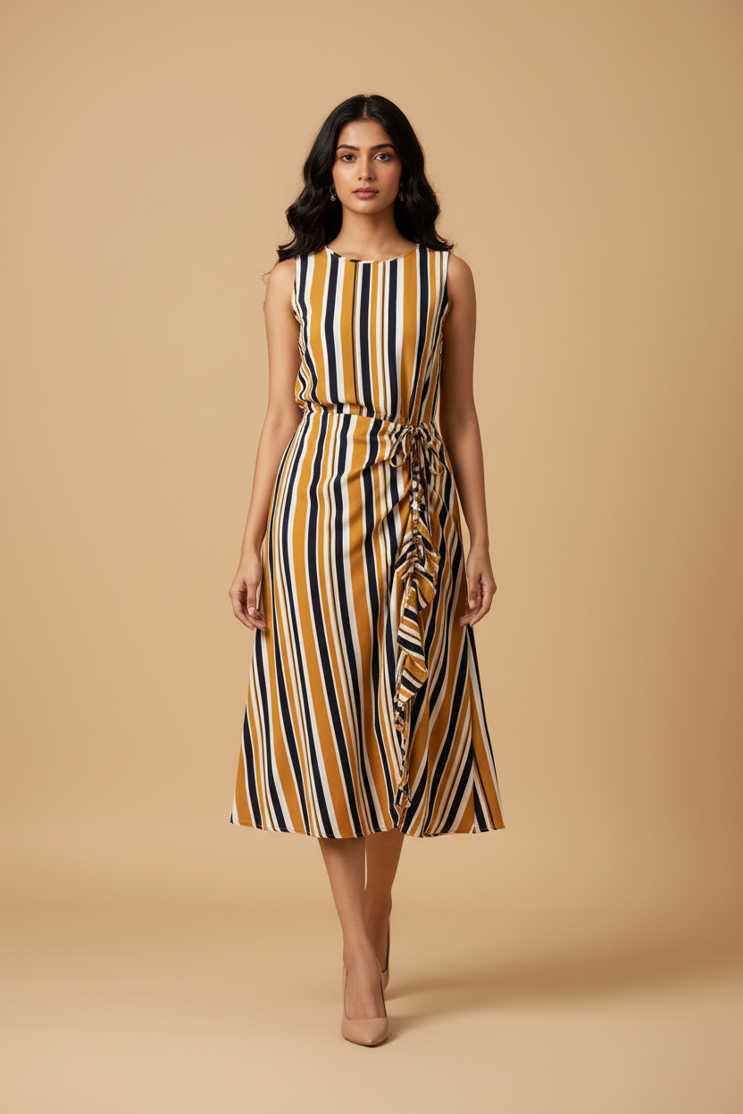 Snuggle Spot Women's Polyester Striped Sleeveless Below Knee Dress (Mustard)