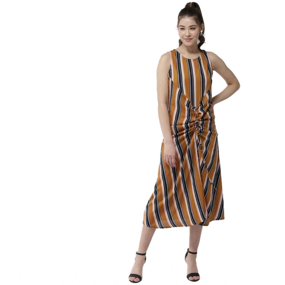 Snuggle Spot Women's Polyester Striped Sleeveless Below Knee Dress (Mustard)
