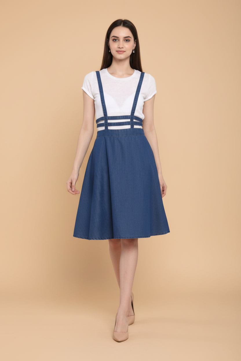 Snuggle Spot Women's Denim Solid Shoulder Straps Below Knee Dress (Blue)