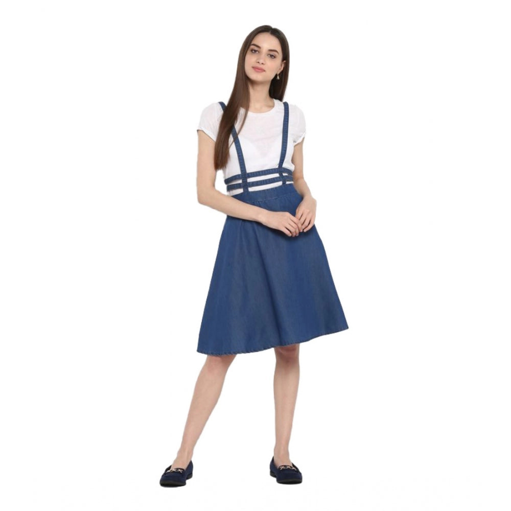 Snuggle Spot Women's Denim Solid Shoulder Straps Below Knee Dress (Blue)