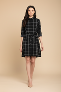 Snuggle Spot Women's Polyester Checkered Roll Up Sleeve Above Knee Dress (Black - White)