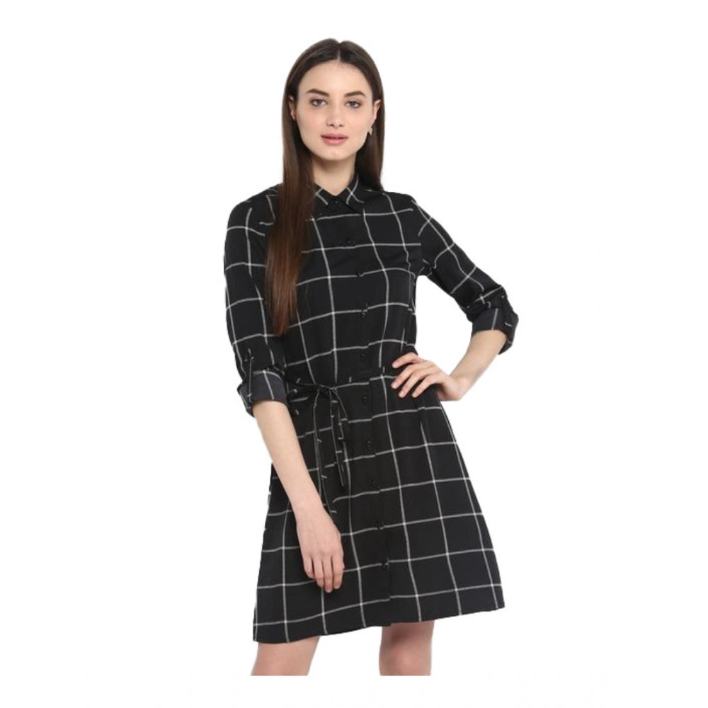Snuggle Spot Women's Polyester Checkered Roll Up Sleeve Above Knee Dress (Black - White)