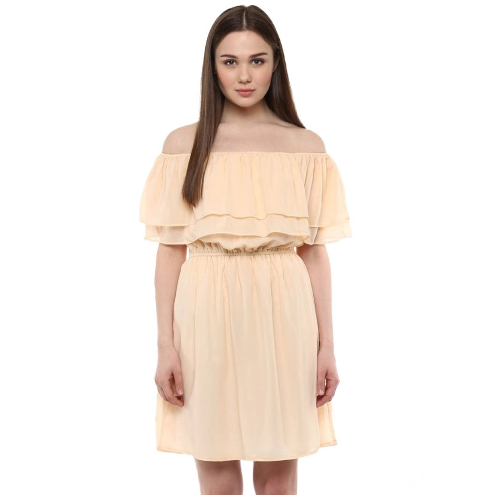 Snuggle Spot Women's Polyester Solid Sleeveless Knee-Length Dress (Beige)