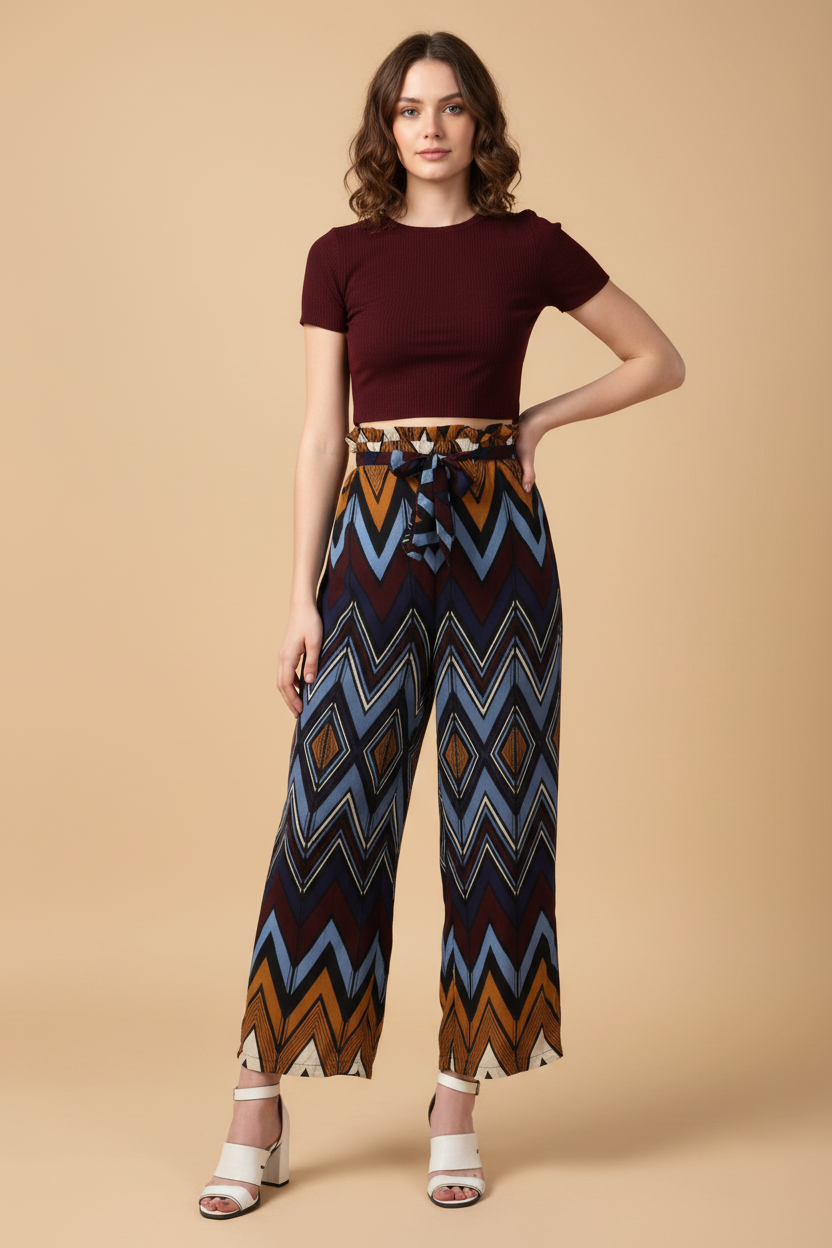 Snuggle Spot Women's Polyester Chevron Elasticated Trousers (Multicolor)