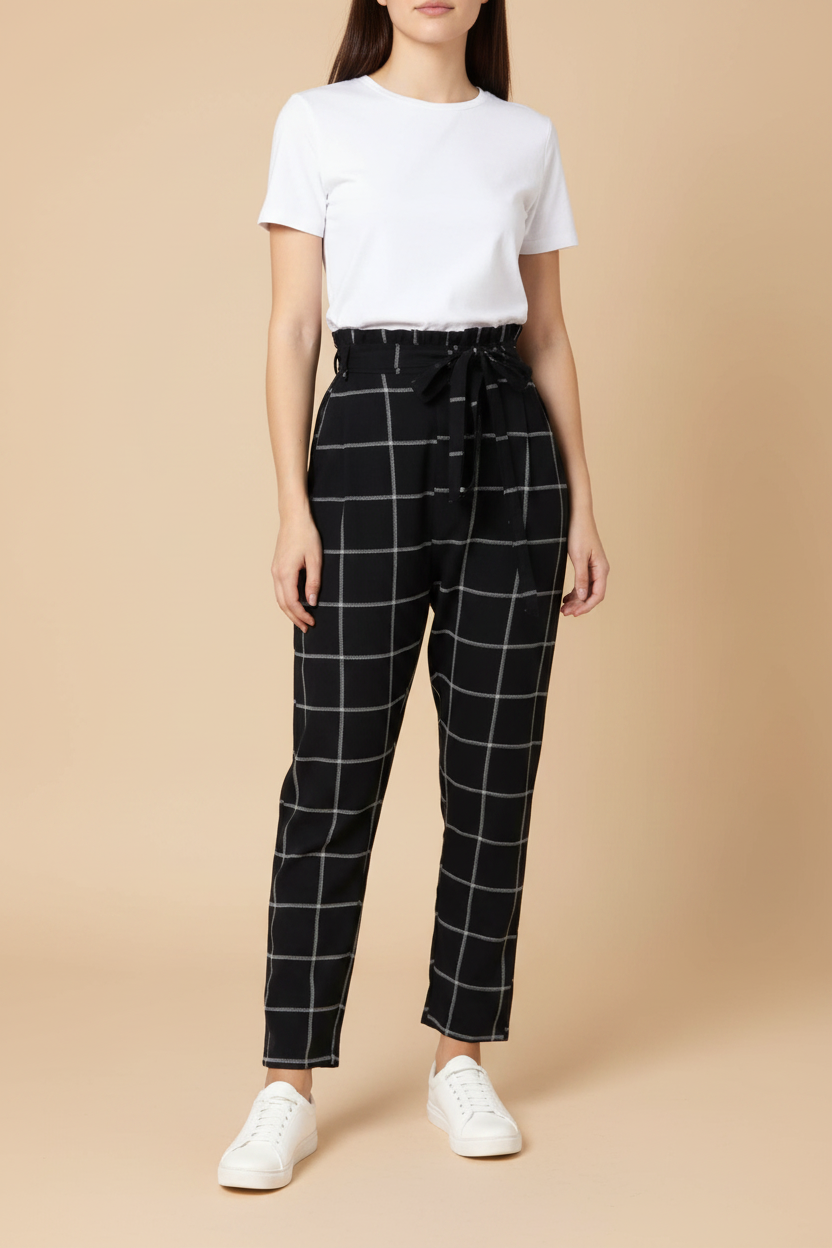 Snuggle Spot Women's Polyester Checkered Elasticated Trousers (Black - White)