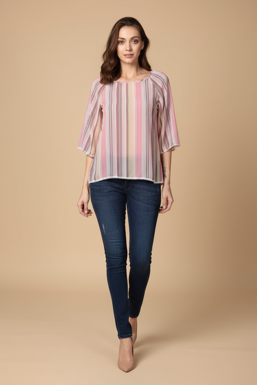 Snuggle Spot Women's Polyester Striped 3-4th Sleeves Top (Pink)