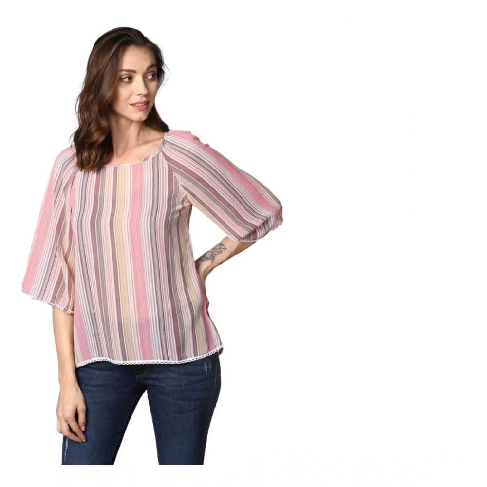 Snuggle Spot Women's Polyester Striped 3-4th Sleeves Top (Pink)