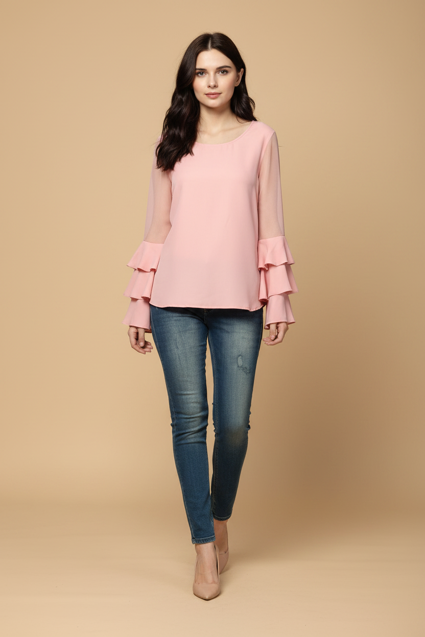 Snuggle Spot Women's Polyester Solid Tier Sleeve Top (Pink)